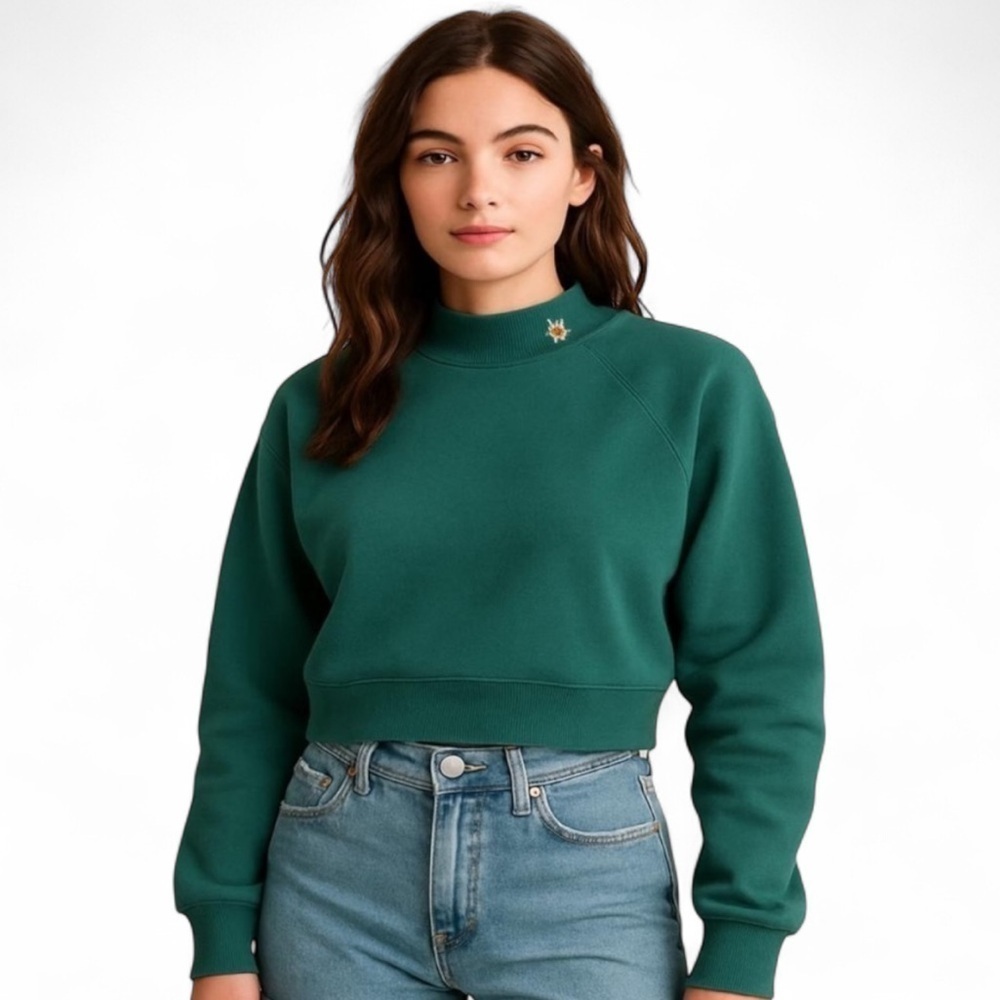 HOLLISTER Mock Neck Sweatshirt Embroidered Daisy Green Waist length large